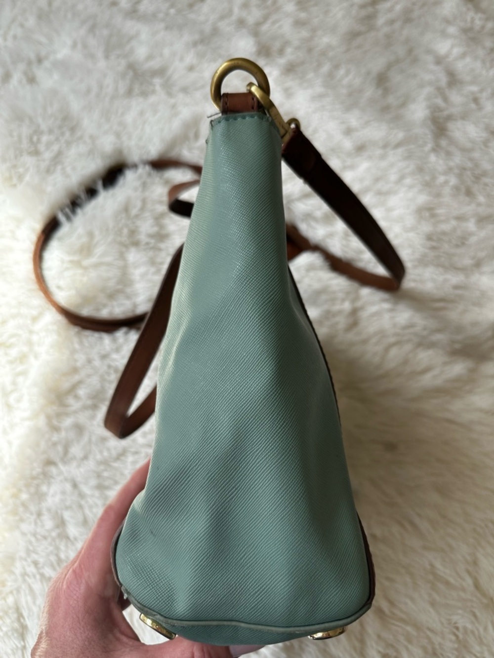 Fossil Sage Green Crossbody Shoulder Tote Bag Brown Leather Trim Everyday Purse - Picture 4 of 13